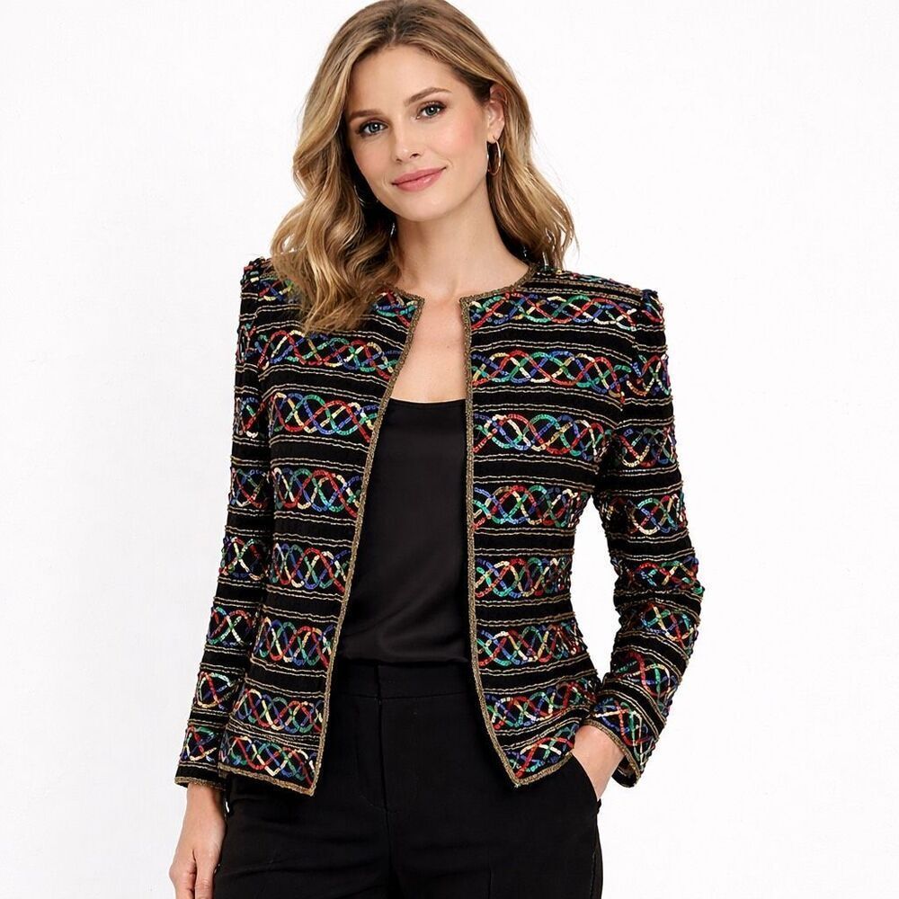Laurence Kazar Women's Size Medium 100% Silk Black Sequin Statement Jacket